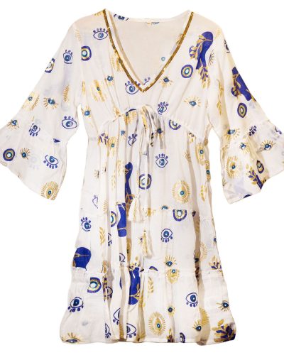 (LXL) Nomad Sari On the Med Collection - Dress -  White , Blue and Gold Evil Eye Design