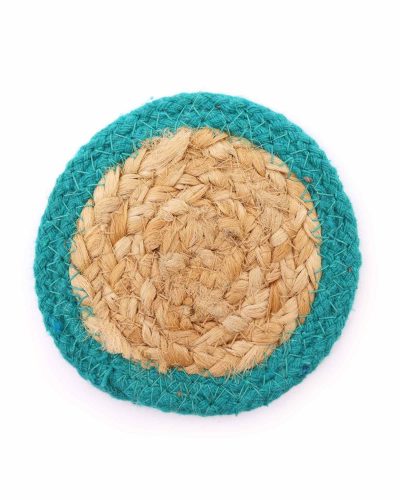 Natural Coaster - Jute & Cotton 10cm  (set of 4) - Teal Boarder