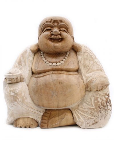 Hand Carved Buddha Statue - 30cm Happy - Whitewash