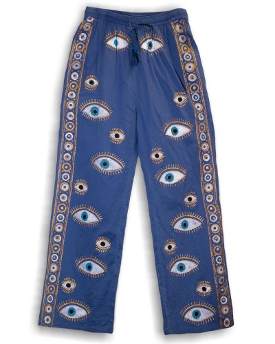 (LXL) Nomad Sari On the Med Collection - Lounge Pants - Rich Blue and Gold Hand Painted Evil Eye Design