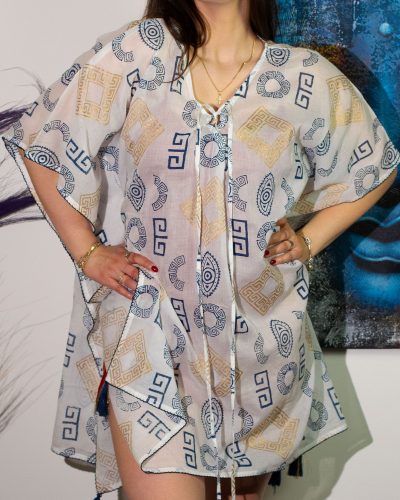 Nomad Sari On the Med Collection - Kaftan - Gold and Blue Greek Motiff - Handpainted