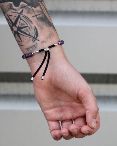 925 Silver Plated Gemstone Charcoal String Bracelet - Dalmation Jasper