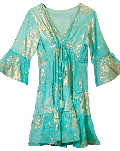 (LXL) Nomad Sari On the Med Collection - Dress - Turquoise and Gold Coral Design
