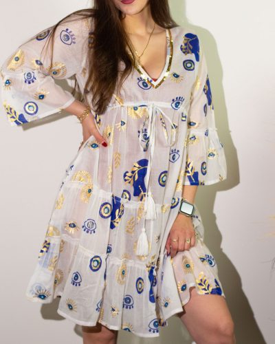 (ML) Nomad Sari On the Med Collection - Dress -  White , Blue and Gold Evil Eye Design