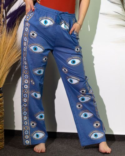 (ML) Nomad Sari On the Med Collection - Lounge Pants - Rich Blue and Gold Hand Painted Evil Eye Design