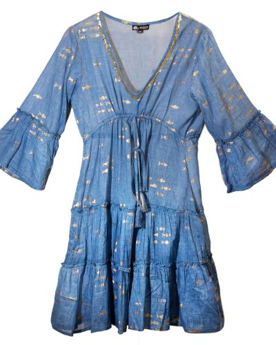 (LXL) Nomad Sari On the Med Collection - Dress - Sea Blue and Gold Fish Design