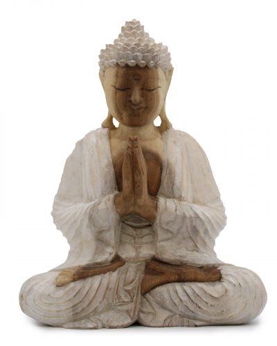 Hand Carved Buddha Statue - 30cm Welcome - Whitewash