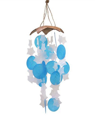 Coconut and Capiz Windchimes - Blue and White Stars - 30cm