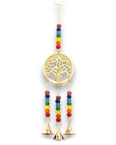Indian Chimes - Brass Tree of Life with Chakra Beads - 3 Bells - 6.5x31cm