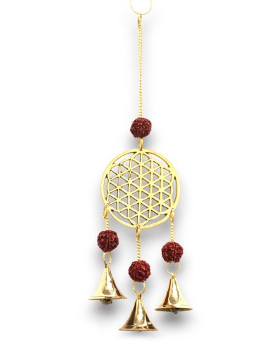 Indian Chimes - Brass Flower of Life with Rudraksha Beads - 3 Bells - 6x27cm