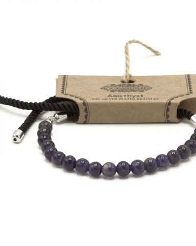 925 Silver Plated Gemstone Black String Bracelet - Amethyst