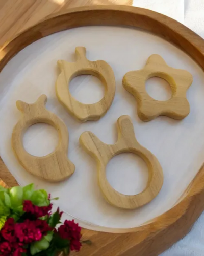 100% Pure Neem Wooden Teethers For Babies Of Age 0 To 3 Years | Apple, Mango, Flower & Bunny Shapes