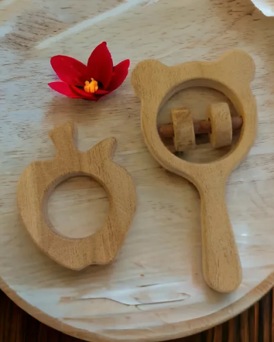 Beautiful Combo of Neem Wooden Rattle & Teether - Mickey Head Rattle & Apple Teether