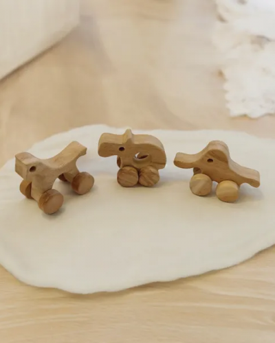 Set of 3 Jungle Animal Neem Wooden Wheel Toys- Horse, Hippo & Elephant