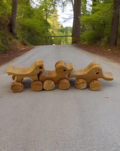 Set of 3 Neem Wooden Wheel Toys - Horse, Duck & Elephant Shapes