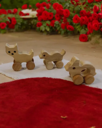 Set of 3 Cute Wheel Toys- Made From Neem- Dog, Cat & Rabbit Shapes for Toddlers