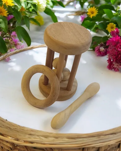 Combo of Neem Wooden Tumbler Rattle & Teethers of Shapes - Dumbbell & Ring