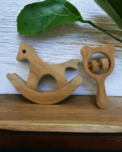 Neem Wooden Swing Horse with Mickey Rattle - For Early Stage Learning & Sensory Developing
