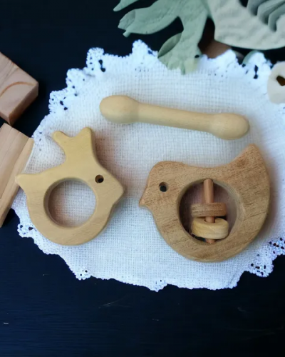 Beautiful Dove Rattle & Dumbbell & Rabbit Shaped Teethers made from Pure Neem Wood