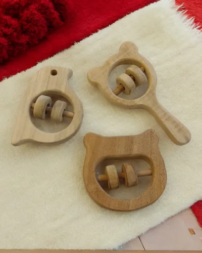 Soothing Sound Making Rattles - Sparrow, Hippo Head & Micky Head Shapes - Made From Pure Neem Wood