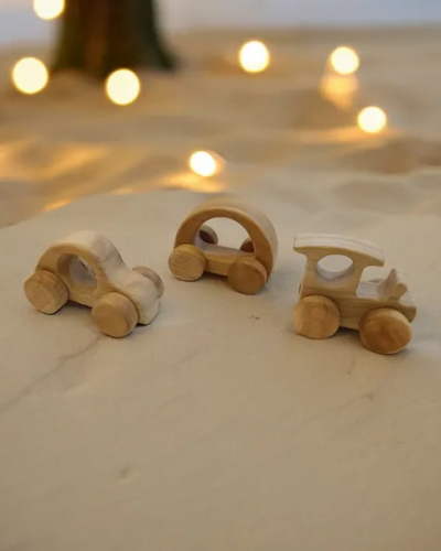 Joy on Wheels - Set of 3 Neem Wooden Push&Pull Toys- Train, Car & Hallow Car Shapes