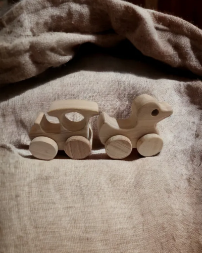 Pack of 2 Beautiful Neem Wooden Wheel Toys - Train & Duck Shapes