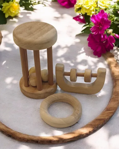 Neem Wooden Tumbler, C Shaped Rattle & RIng Teether