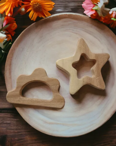 Beautiful Set of 2 Neem Wooden Teethers- Star & Cloud Shapes