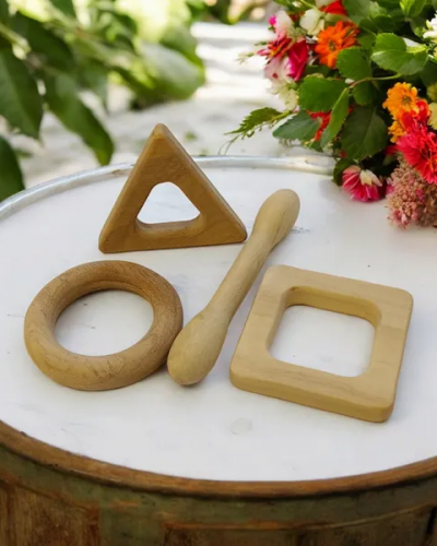 Pack of 2 Neem Wooden Teethers For Babies of Age 0 To 3 Years | Dumbbell, Ring, Square & Triangle