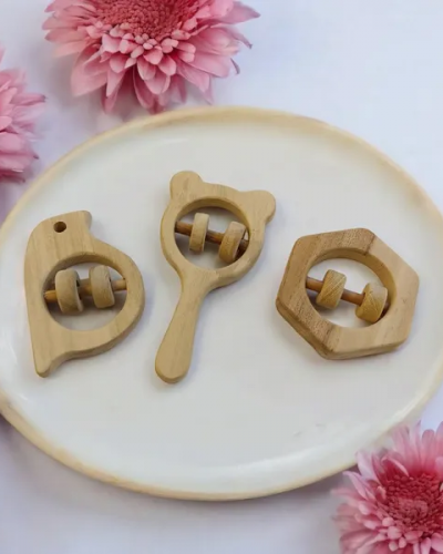 Sensory Developing Rattles - Sparrow, Mickey Head & Hexagon Shaped - Sourced From Best Quality Neem Wood