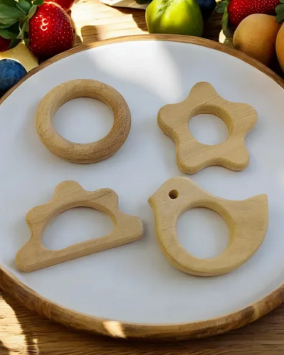 Pack of 4 Neem Wooden Teethers For Babies of Age 0 To 3 Years | Ring, Flower, Dove & Cloud Shapes