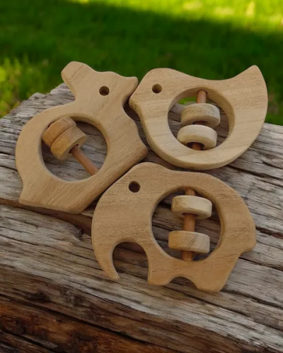 Anti Bacterial  Neem Wooden Rattles For Babies of Age 0 To 3 Years | Dove, Rabbit & Elephant Shapes